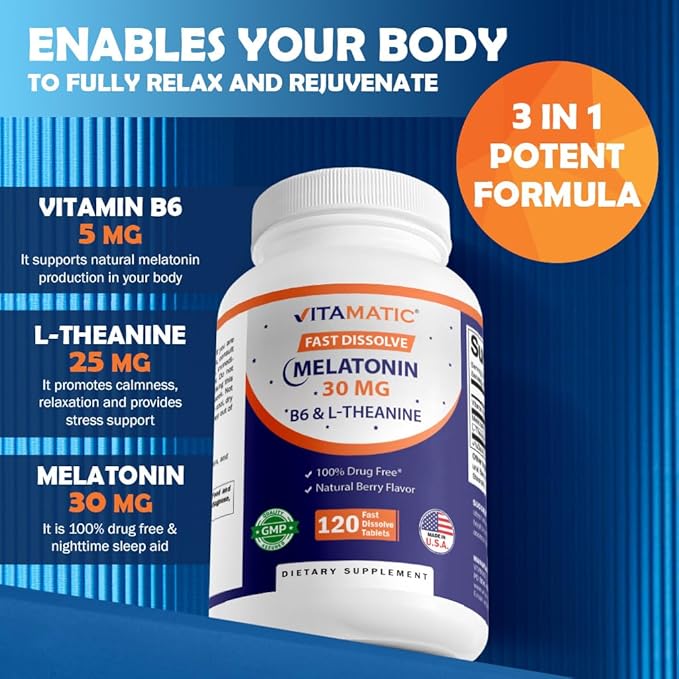 Vitamatic Melatonin 30 mg - with B6 & L-Theanine - 120 Fast Dissolve Tablets with Natural Berry Flavor (2 Tablets Dose = Melatonin 60 mg) (120 Count (Pack of 2))