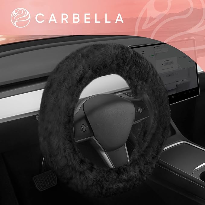 Carbella Aspen Black Fuzzy Steering Wheel Cover for Women ‚Äì Cute and Stylish Fluffy Fur Steering Wheel Cover for Cars Trucks Vans SUVs, Universal Fit for Wheel Sizes 14.5 to 15.5 inches