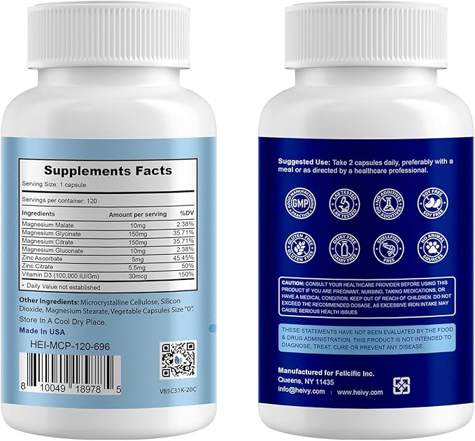 Magnesium Complex with D3 and Zinc - 4-in-1 Magnesium Glycinate, Citrate, Malate & Gluconate - Supplment for Muscle, Heart, Nerve & Bone Support - 120 Capsules