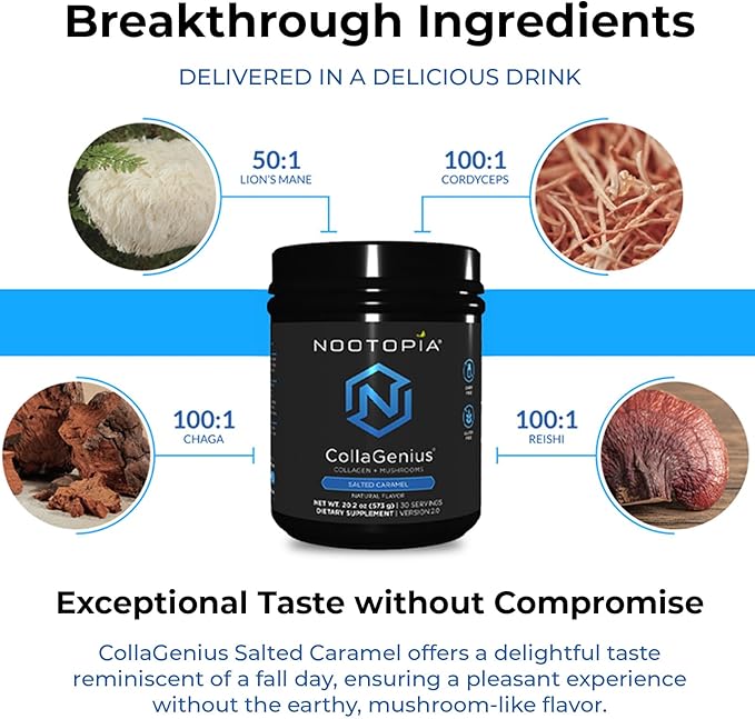 Collagenius v 2.0 - Blended Powder of 4 Mushrooms, Collagen & Superfoods - Brain Supplement Supports Focus, Memory, Hair, Skin - Salted Caramel 30 Servings