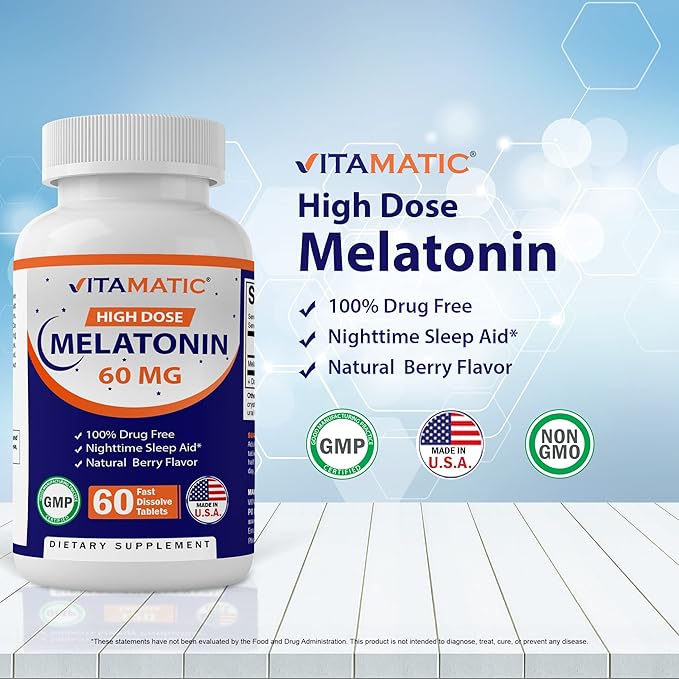 Vitamatic Melatonin 60 mg Fast Dissolve Tablets - 60 Vegan Natural Berry Flavor Tablets - Non-Habit Forming - Non-GMO, Gluten Free (3 Bottles)