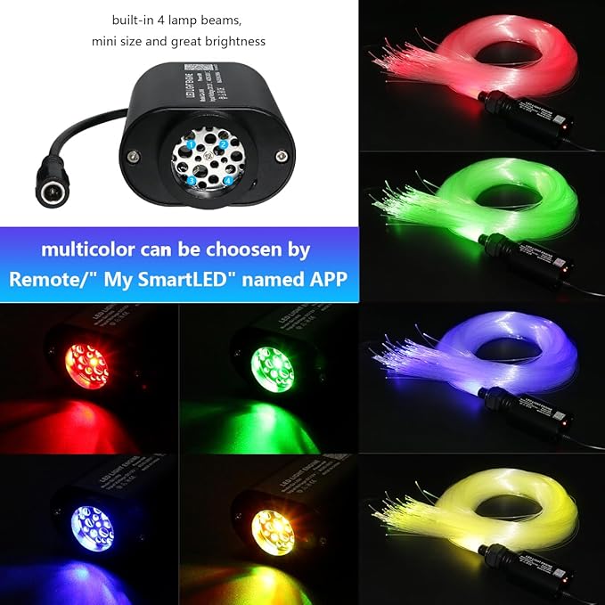 AMKI Mini 6W Starlight Headliner Kit 200pcs 0.03in 6.5ft,Twinkle+Sound Activated Fiber Optic Light 4Lamp Beam Starlight Box APP/Remote Control for Car Home Star Ceiling Decoration