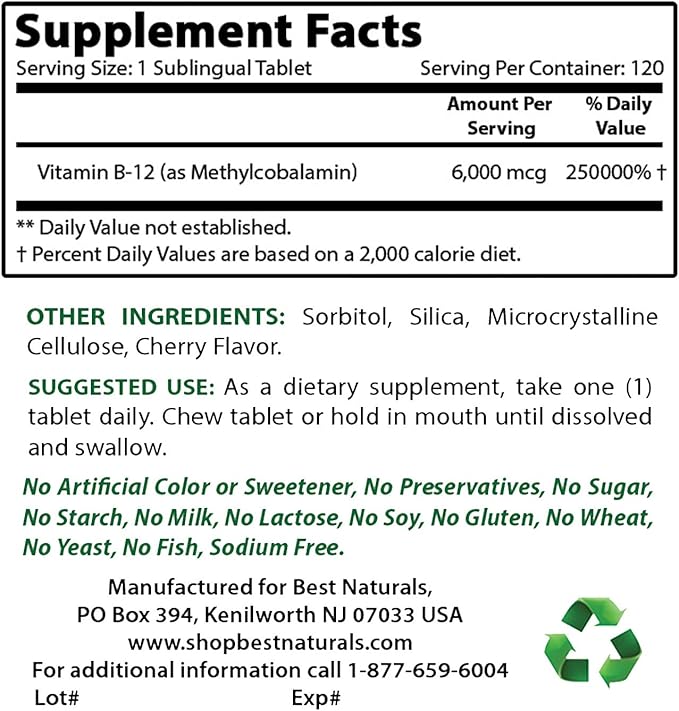 Best Naturals Vitamin B12 6000 mcg & Vitamin K2 (MK7) with D3