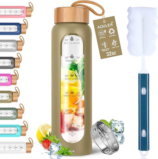 Aqulea Glass Water Bottles with Silicone Sleeve - BPA Free Reusable Wide Mouth Glass Motivational Water Bottles with Fruit Infuser – Leak Proof Borosilicate Water Bottle with Time Marker