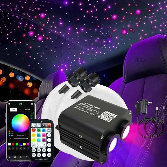 AKEPO 20W Twinkle Dual-Head Dual Color Fiber Optic Lights, Fiber Optic Star Ceiling Light Kit Sound Activated APP Remote Control for Car Starlights Headliner/Home 800pcs 13.1ft/4m Fiber Strands