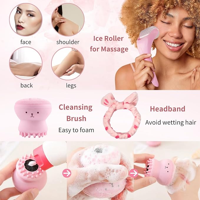 9 Pcs Japan Sakura Skincare Set Teen Girls Gifts - Skin Care for Teens 10-12 - Japanese Skin Care Routine Kit for Women - Travel Size Face Care Set with Cleanser,Sunscreen,Headband,Roller