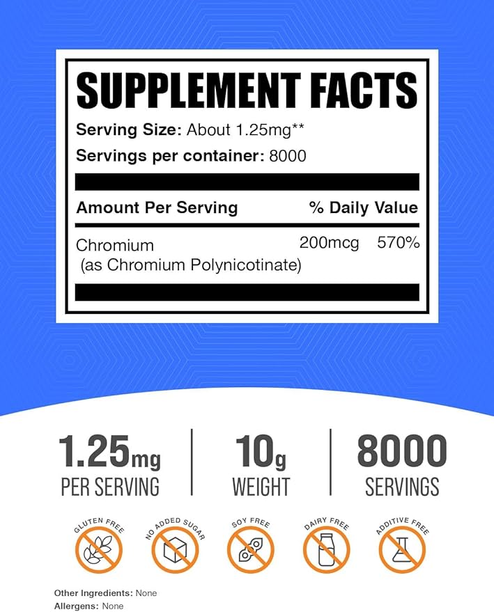 BulkSupplements.com Chromium GTF Powder - Mineral Supplements - Gluten & Yeast Free, 200mcg of Chromium, 1.7mg per Serving, 10g (0.35 oz) (Pack of 1)