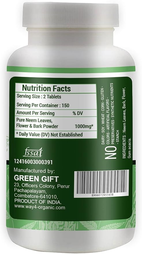 Neem Triple Complex - High-Potency Azadirachta Indica Tablets, Neem Leaves, Bark, Flowers in Ratio (80:10:10) - 300 Tablets, 150 Serving, 1000 Mg (Pack of 2)