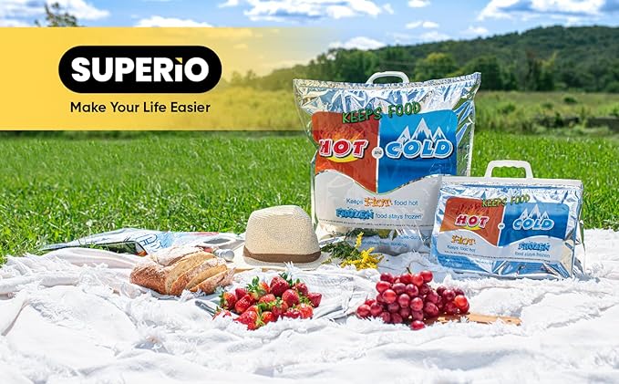 Superio Hot and Cold Insulated Bags for Food Delivery, Grocery Shopping Bags, Food Storage for Hot and Frozen Food for Travel, Disposable Cooler Bag, Reinforced Thermal Lunch Bag (5, 12"x13.5")