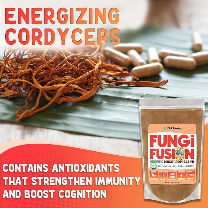 XPRS Nutra Fungi Fusion Organic Mushroom Powder Blend, Premium Blend of Lion's Mane, Reishi, Chaga, Cordyceps for Mental Clarity, Cognition, Energy and Immunity - 8 Ounce