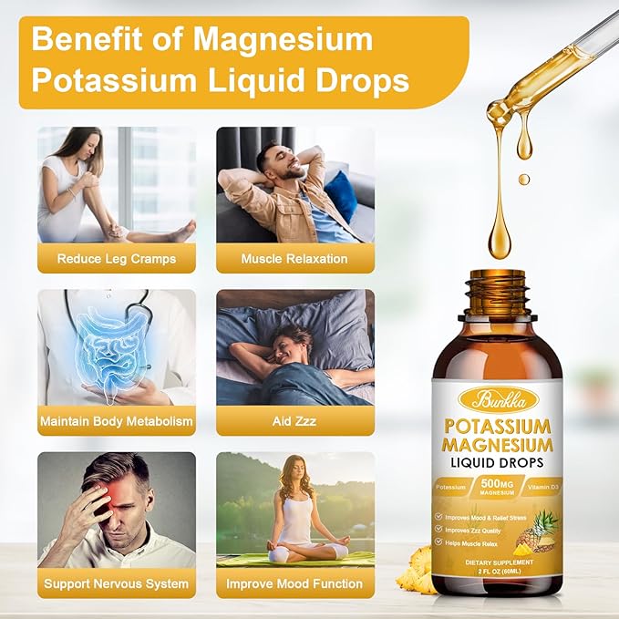 Potassium Magnesium Supplement, Potassium Supplement with Magnesium, Calcium, Vitamin D3, Zinc, Sugar Free & Vegan Liquid Drops for Leg Cramps, Energy, Metabolism, for Adult and Kid