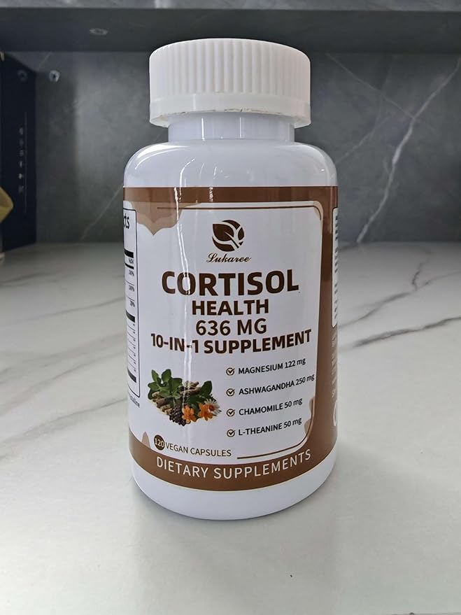 10-in-1 Cortisol Supplements with Magnesium, Ashwagandha, Chamomile, L-Theanine, Phosphatidylserine, St. John's Wort, Rhodiola, Vitamin C & D3, for Women Men, 120 Vegan Capsules for 2 Month, Non-GMO