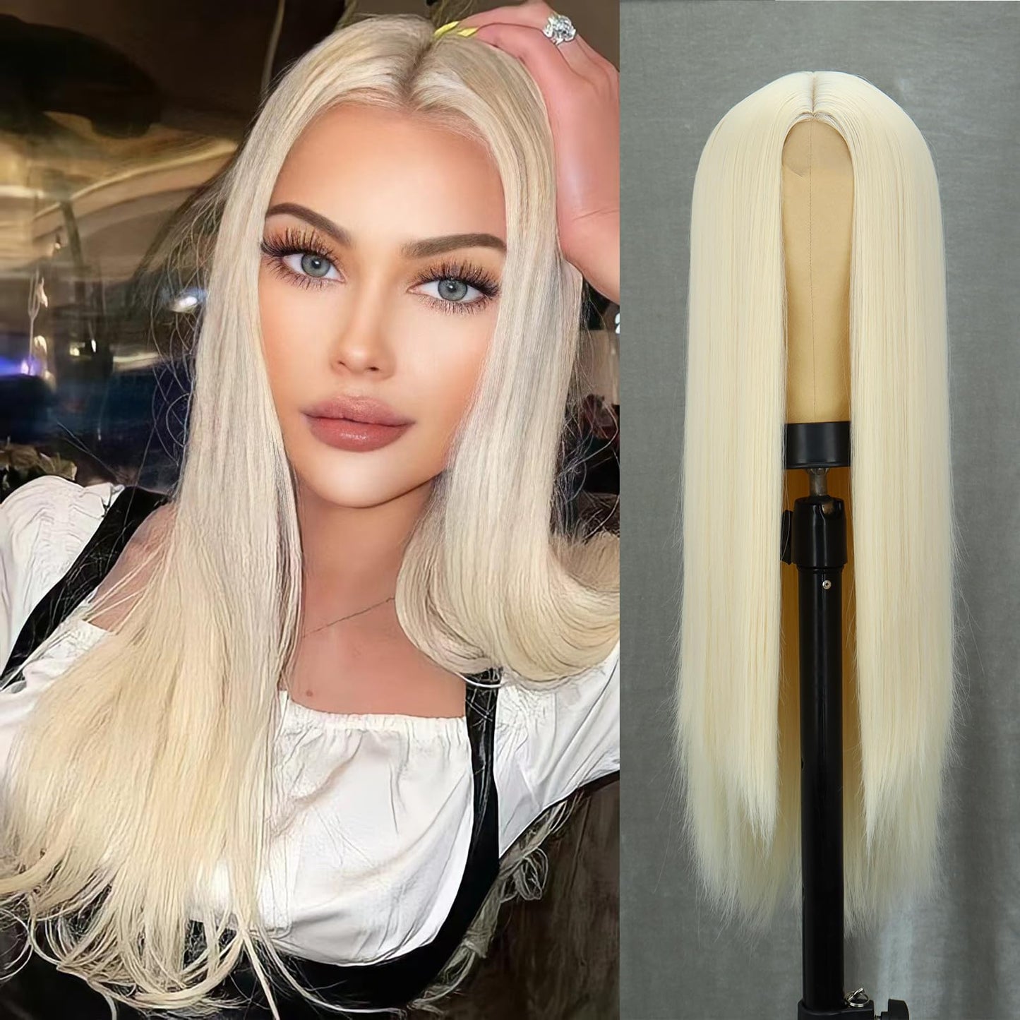 Xinran Long Blonde Straight Wig For Women Light Blonde Middle Part Synthetic Hair Wig Natural Hairline Replacement Daily Use Cos