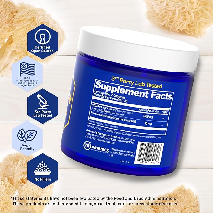 Organic Lions Mane Supplement Capsules - 1000mg Lions Mane Mushroom with 10mg PQQ - Brain Cell Optimizer for Memory, Learning, Mitochondrial Function - 60 Fruiting Body Mushroom Capsules