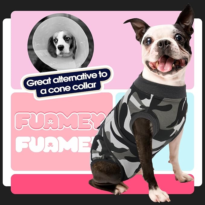 FUAMEY Dog Recovery Suit Male,Dogs Surgery Neuter Suits Puppy Spay Shirts for Female Protect Dog's Skin Anti Licking Abdominal Wounds Doggie Onesie Pet Bodysuit Alternative to Cone Grey Camouflage XS