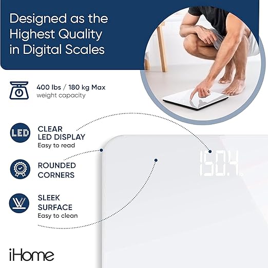 iHome Digital Scale, Bathroom Scale, Batteries Included, Scale Body Weight, Weight Scale, Digital Scale, Bathroom Scales for Weight, Digital Scales for Body Weight, Weight Scales Bathroom (White)