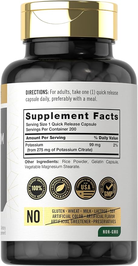 Carlyle Potassium Citrate Supplement | 99mg | 200 Capsules | Non-GMO and Gluten Free