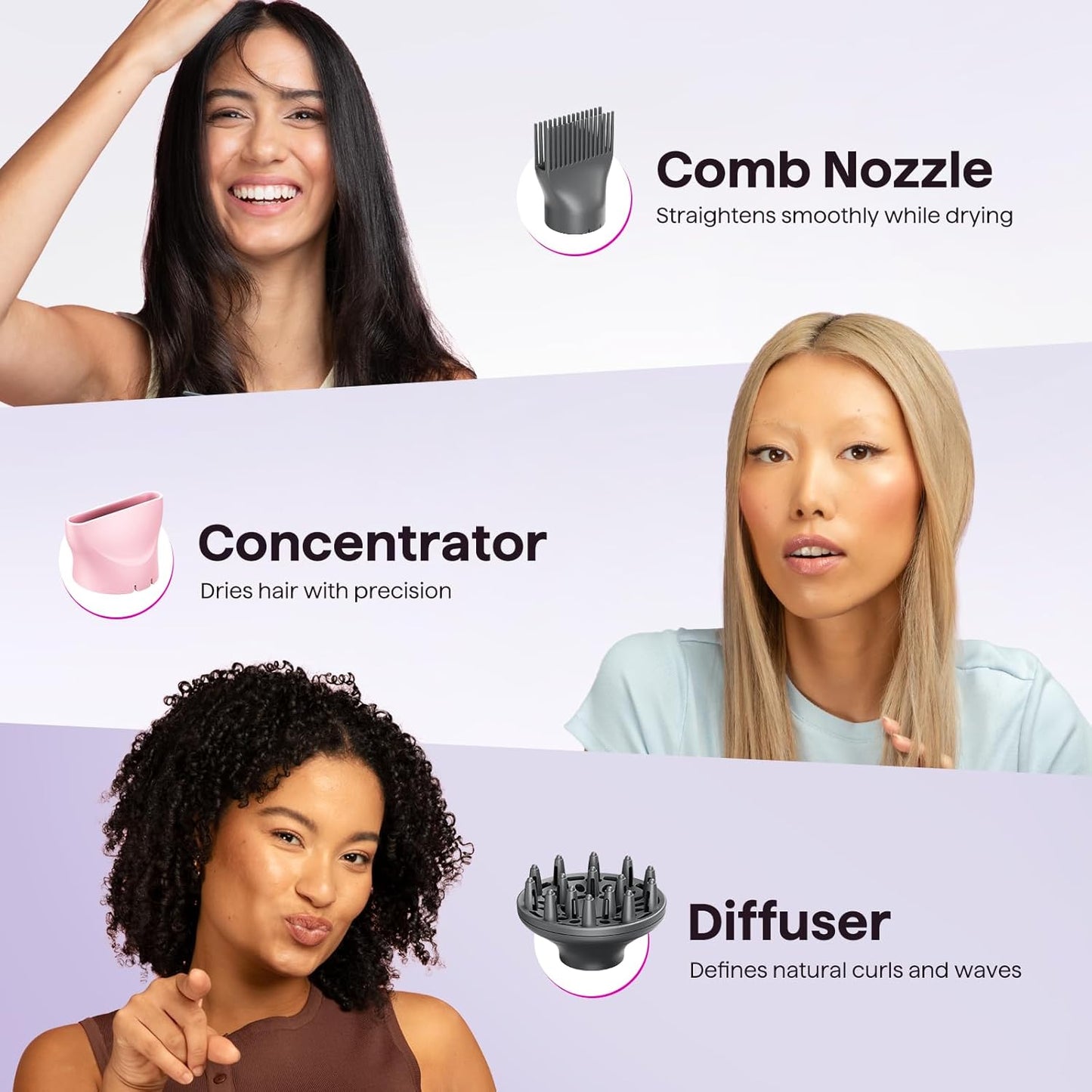 Ionic Hair Dryer for Curly Hair | 1875W Fast Drying | Diffuser & Attachments | Rose Gold