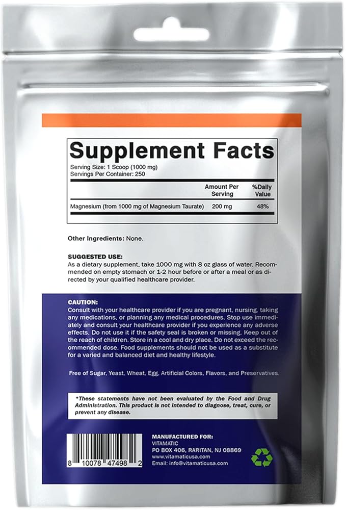 Vitamatic Magnesium Taurate 1000mg per Serving Supports Muscle, Joint, and Heart Health 250 Grams - 250 Servings
