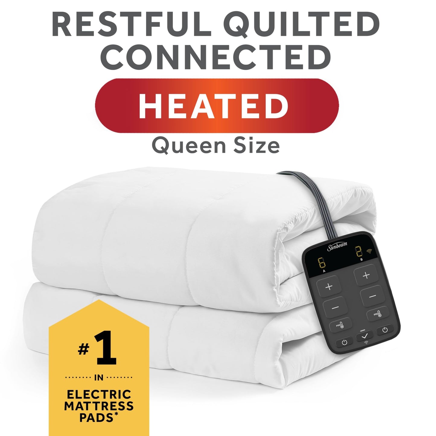 Sunbeam Polyester Wi-Fi Connected Mattress Pad, Electric Blanket, 10 Heat Settings, Queen Size