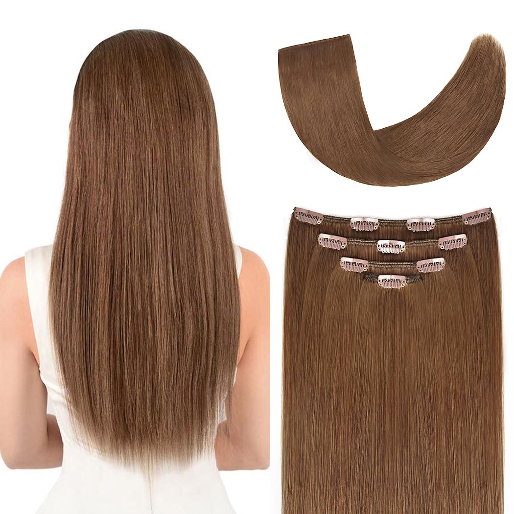 12'' Hair Extensions Clip In Human Hair For Women - Silky Straight Remy Hairpieces Clip On 50Grams 4Pieces Ash Brown Color