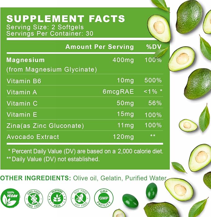 Magnesium Glycinate 400mg, High Absorption Magnesium Supplements Softgels with Vitamin E, B6, Zinc for Sleep, Calm, Muscle Relaxation & Bone Health, Gluten-Free, Non-GMO, 60 softgels
