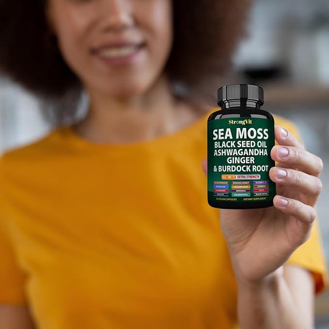 Sea Moss Black Seed Oil Ashwagandha Ginger, Organic Sea Moss Capsules with Burdock Root, Irish Seamoss Pills with Bladderwrack, Turmeric, Shilajit, Multimineral Supplement, USA (120 Capsules)