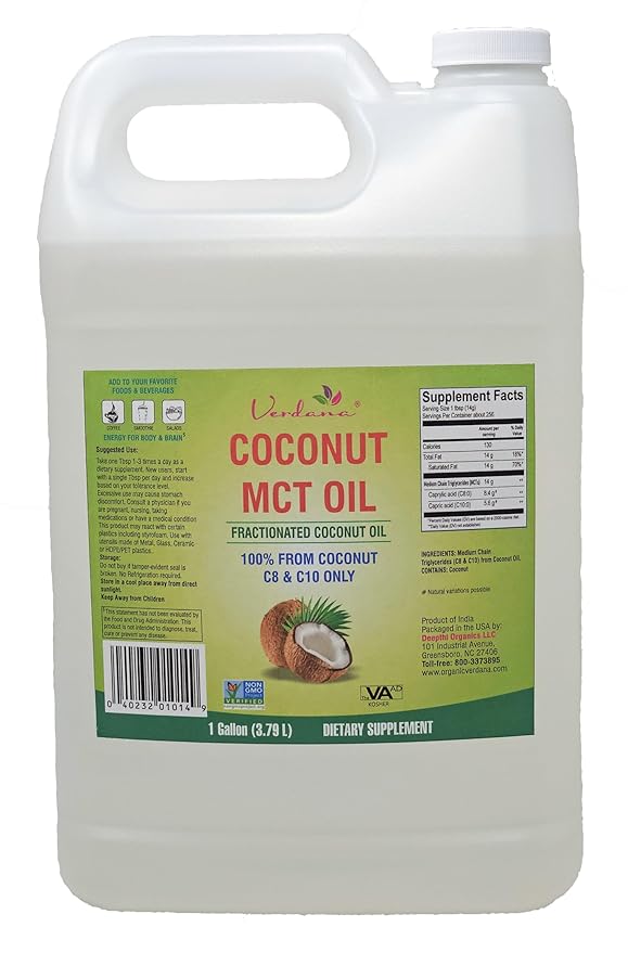 Verdana MCT Oil, Fractionated, 100% from Coconut - 1 Gallon - Kosher Food Grade, Vegan, Non-GMO - Great for Keto and Paleo Diet, Oil Pulling Oral Rinse Mouthwash (128 Fl Oz)