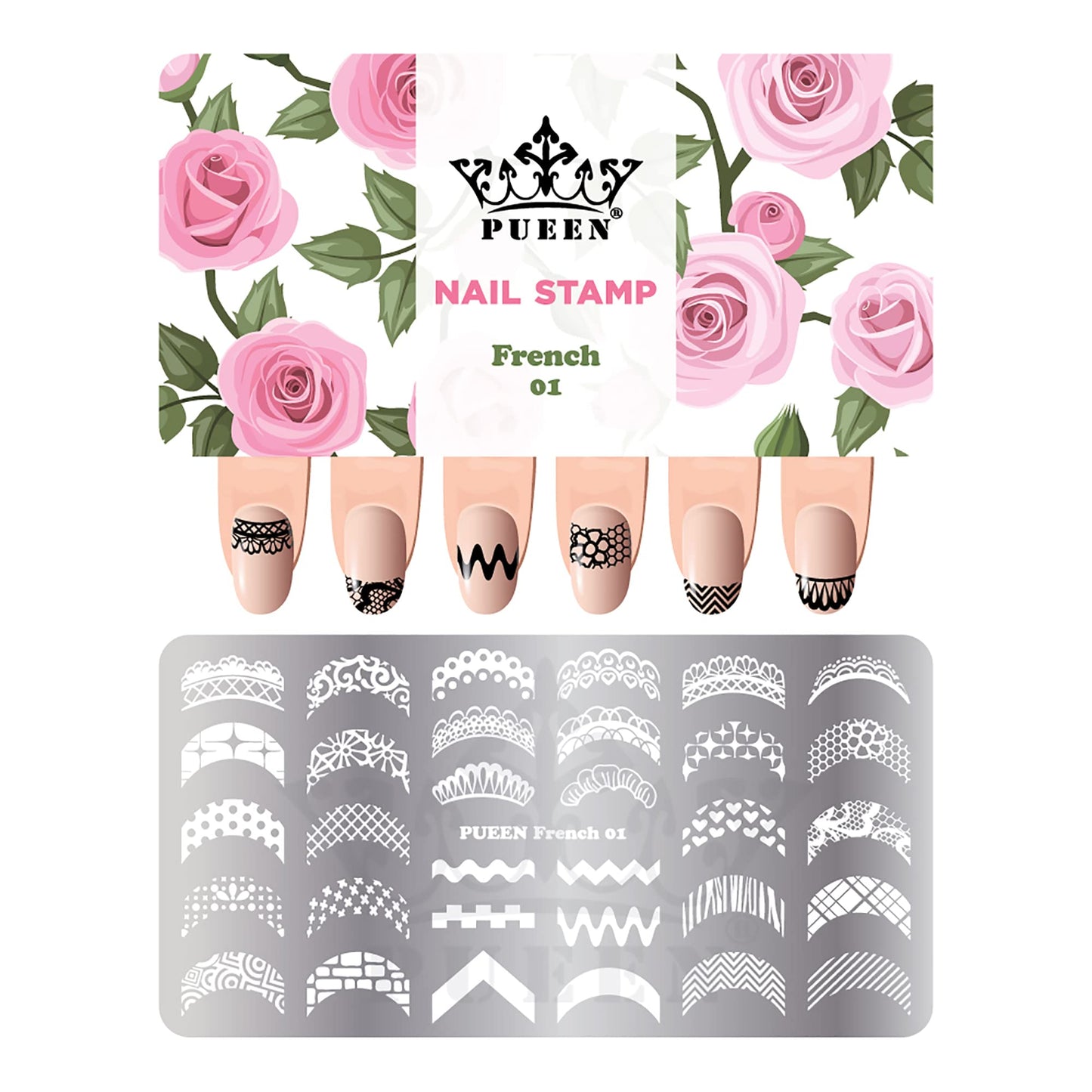 Pueen Nail Art Stamping Plate -French 01-125X65Mm Unique Nailart Polish Stamping Manicure Image Plates Accessories Diy Nails - B