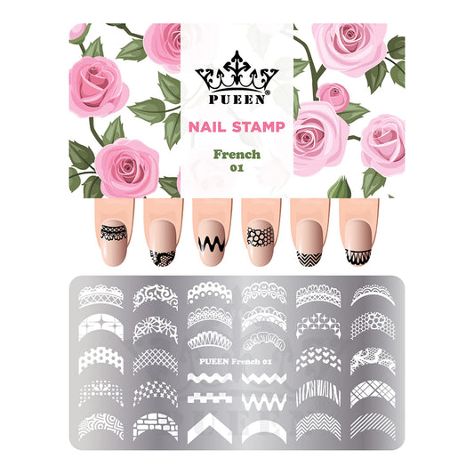 Pueen Nail Art Stamping Plate -French 01-125X65Mm Unique Nailart Polish Stamping Manicure Image Plates Accessories Diy Nails - B