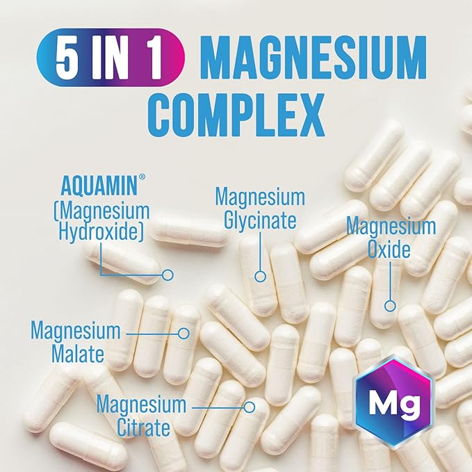 Magnesium Complex Supplement 500 mg - 5 in 1 High Absorption Chelated Magnesium Glycinate, Malate, Citrate, Oxide, Aquamin - Non-GMO Magnesio Capsules, Bone Muscle & Heart Health Support, 60 Capsules