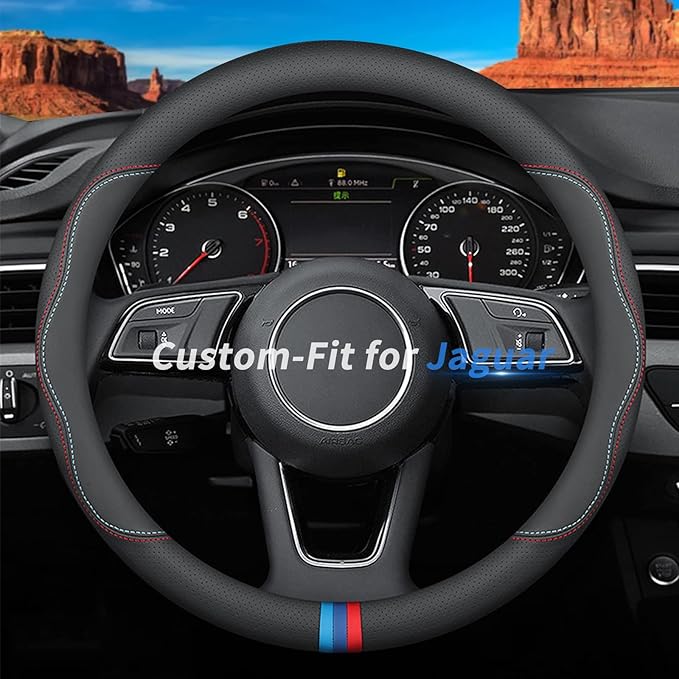 Custom-Fit for Jaguar Steering Wheel Cover, Premium Leather Car Steering Wheel Cover with Logo, Non-Slip, Breathable, for
