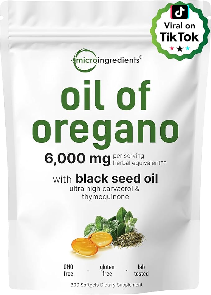 Micro Ingredients Oil of Oregano 6,000mg Softgels & Pure Magnesium Glycinate 1,000mg Capsules Bundle 2 Pack | 4X Strength Thymoquinone with Black Seed | Chelated Form for Max Absorption