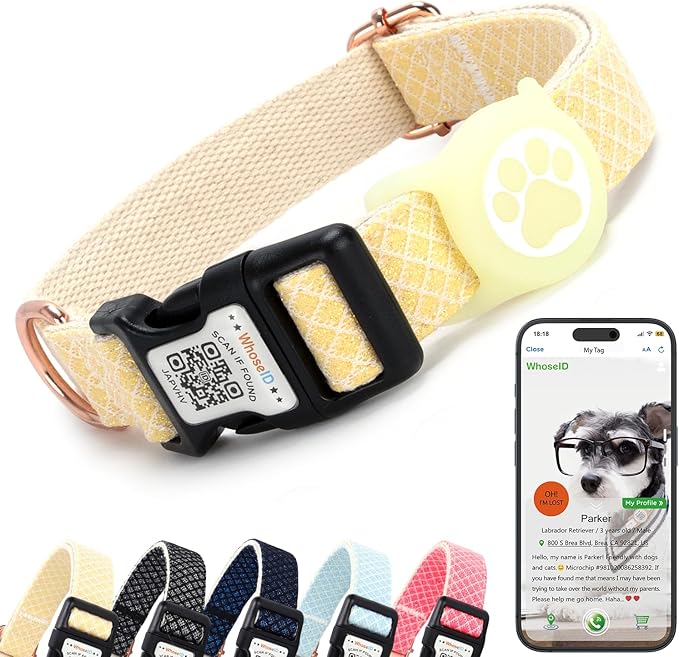 Dog Collar with Waterproof AirTag Holder & Anti-Lost QR Code, Cute Bling Warpping Adjustable Width for Small Medium Large Pet (Yellow, S)
