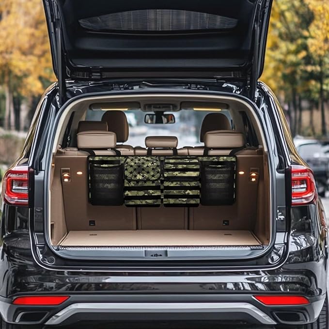 Car Trunk Organizer, American Flag Camo Large Capacity Backseat Trunk Organizer with Adjustable Straps, Backseat Hanging Car Storage Organizer Foldable Cargo Storage