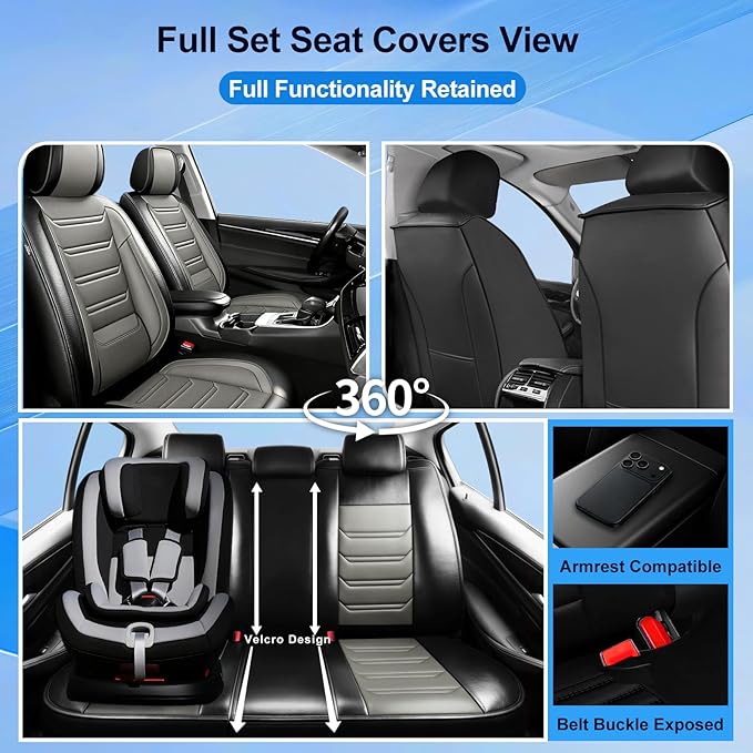 Fit Trax Car Seat Covers for Chevrolet/Chevy Trax 2015-2026, Premium Full Coverage Leather, Waterproof All Weather Seat Protector, Airbag Compatible, Scratch Resistant, Full Set, Black+Gray