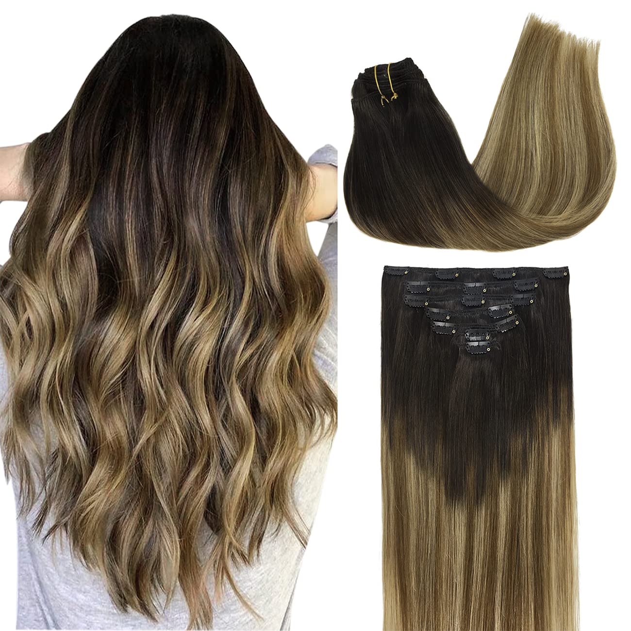 Doores Hair Extensions Clip In Human Hair Balayage Dark Brown To Chestnut Brown And Dirty Blonde 120G 14 Inch 7Pcs Clip In Human