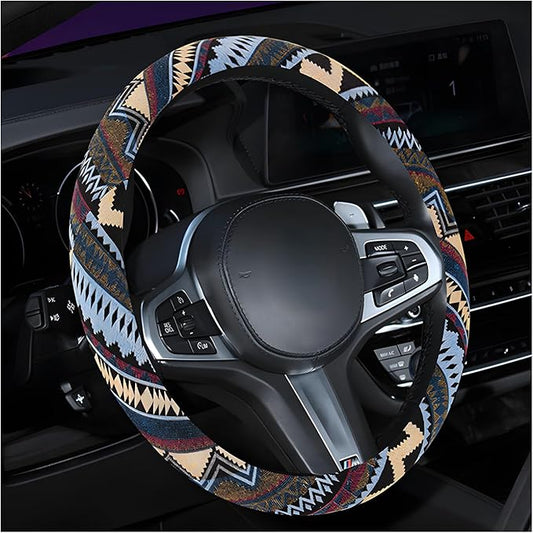 Boho Steering Wheel Cover, 15.0"×15.0" Anti-Slip Baja Blanket Ethnic Steering Wheel Protector, Breathable Flax Cloth Elastic Bohemian Steering Wheel Cover, Car Accessories (Style H)