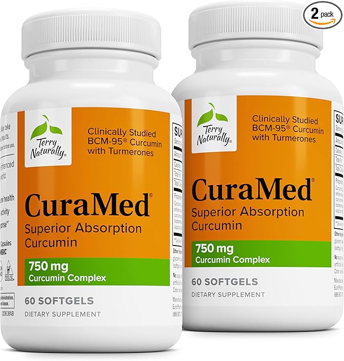 Terry Naturally CuraMed 750mg - Antioxidant Supplement for Brain & Heart Health - Supplement with High-Potency Curcumin Complex - Kidney, Liver & Immune Health Support - 60 Softgels (Pack of 2)