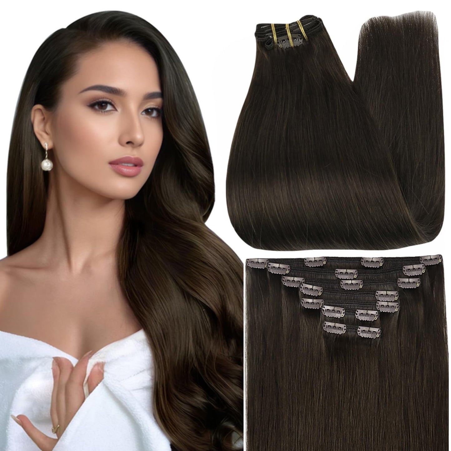 Full Shine 24 Inch Hair Extensions Clip Ins Dark Brown Clip In Hair Extensions Human Hair Dark Brown Extensions For Women Real H