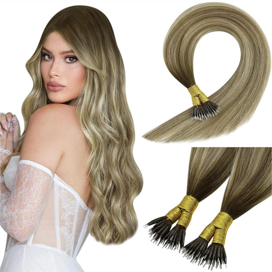 Sunny Hair Nano Extensions Human Hair Brown 20Inch Nano Hair Extensions Real Human Hair Cool Brown Balayage Light Brown Mix Gold