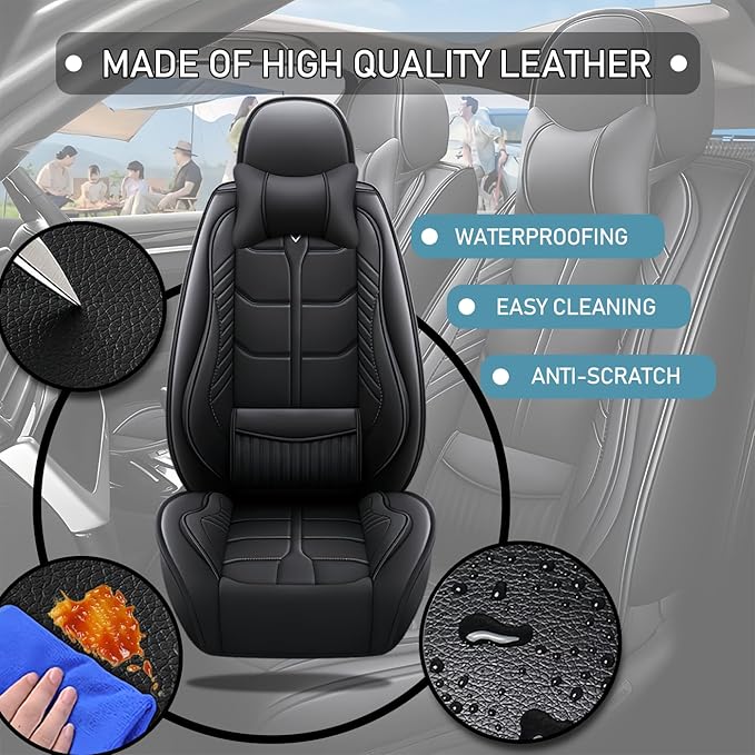 Leather Car Seat Covers Fit for Toyota Yaris Sedan 2019-2020, 5 Seater Car Seat Cover, Premium Waterproof, Scratch Resistant Car Interior Accessories (Full Set with Pillow Black)