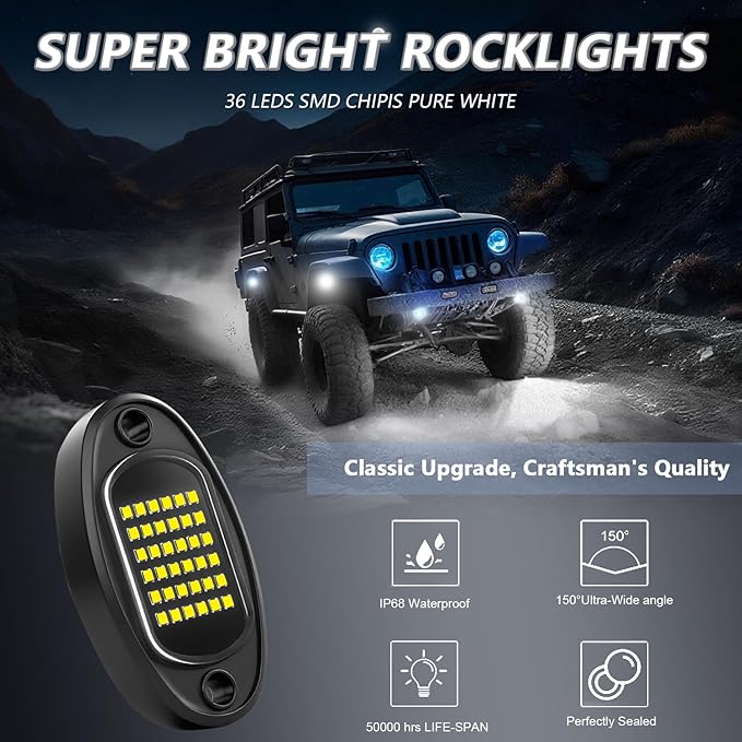 GSRECY Rock Lights Ultra Bright LED Neon Underglow Lights Waterproof for Trucks Pickup SUV UTV ATV RZR Car Boats Motorcycle (White, 8 Pods)