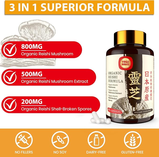 Japanese Reishi Mushroom Supplement 800mg with Reishi Mushroom Extract 500mg & Shell-Broken Spores 200mg,Organic Mushroom Capsules for Immune System - Real Fruiting Body (Pack of 1)