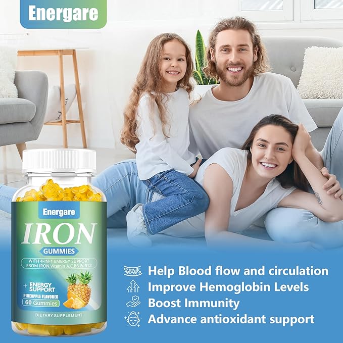 1 Pack Vegan 100Mg Iron Supplement Gummies for Women & Men - Vitamin A, C, B - Energy Support for Iron Deficiency, Anemia, Adults ＆Children, Pineapple Flavor Gummy, 60 Counts