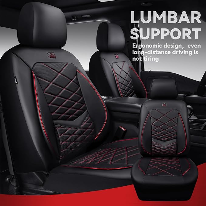 CAR PASS Luxury Nappa Leather Seat Covers Full Set, Water Resistant Faux Leather Seat Cover with Lumbar Support, Breathable Automotive Seat Covers Universal Fit for Sedan SUV Van Truck, Black Red