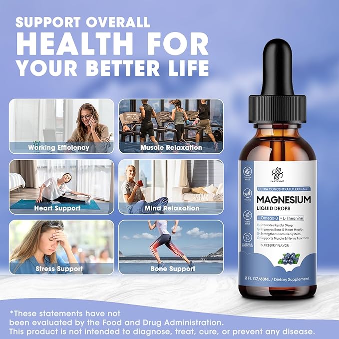 Magnesium Glycinate Liquid, Magnesium Complex Supplement with Omega3, L-Theanine and Vitamin for Calm, Sleep Support, Muscle Relief, Non GMO, Blueberry Flavor, 2 Fl Oz