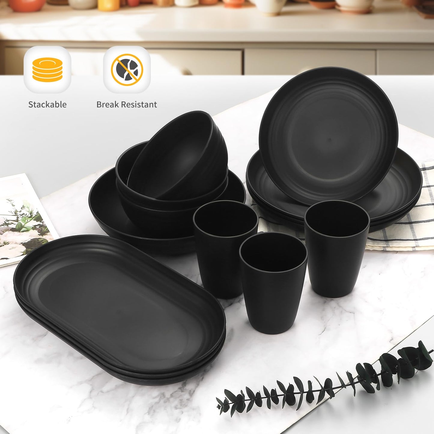 Lazycorner 48-Pcs Kitchen Wheat Straw Dinnerware Set, Service for 8, Plastic Reuasble Dinner Dishes Serving Plate Set for Kitchen, Including Dinner Plate, Dessert Plates, Bowl, Cup(Black)
