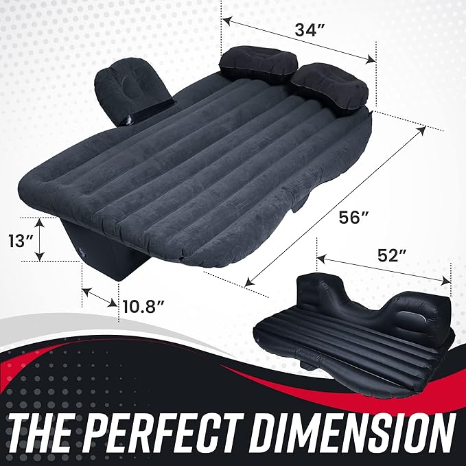 VaygWay Inflatable Car Air Mattress – Air Bed w/Pump Kit –Back Seat – Camping Vacation Blow up Bed Cushion - Sleeping Pad w/ 2 Pillows (Inflatable Car Mattress, Neck Pillow, Ear Plugs, Eye Shields)