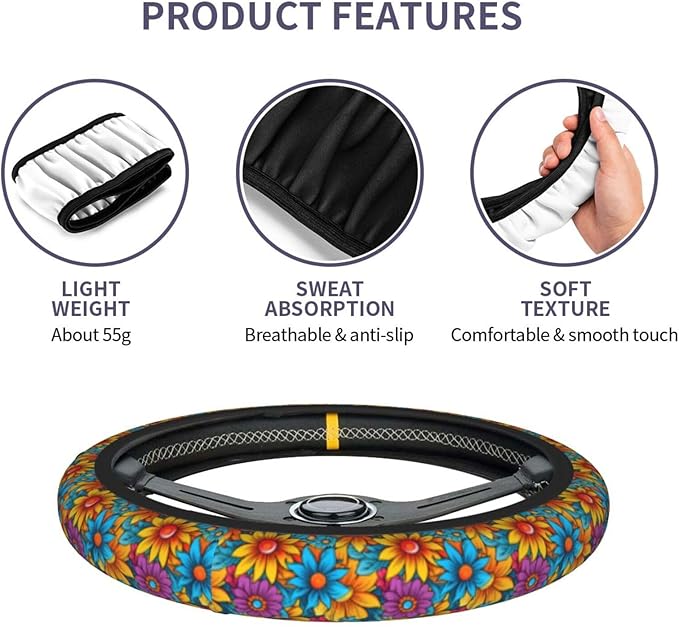 Lovely Flowers Cute Steering Wheel Cover Non-Slip Breathable Sweat-Absorbent Suitable for SUV Van Truck Car Universal Protection Accessories 15 Inch Suitable for Women Men